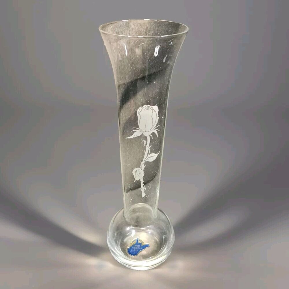 West Virginia Glass Company Single Rose Clear Glass Vase Vintage Weston 8"
